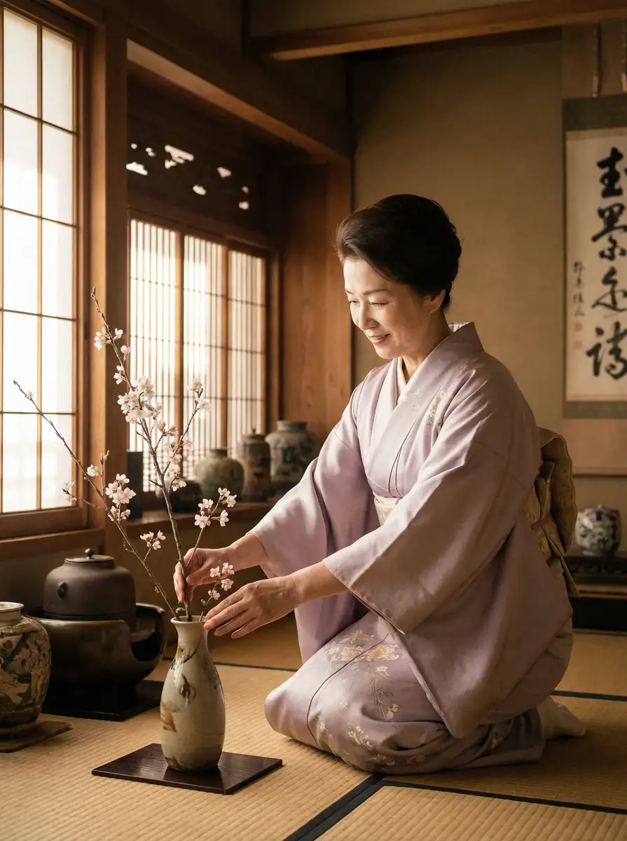 一位优雅的 澳门皇冠平台 在和室中插花